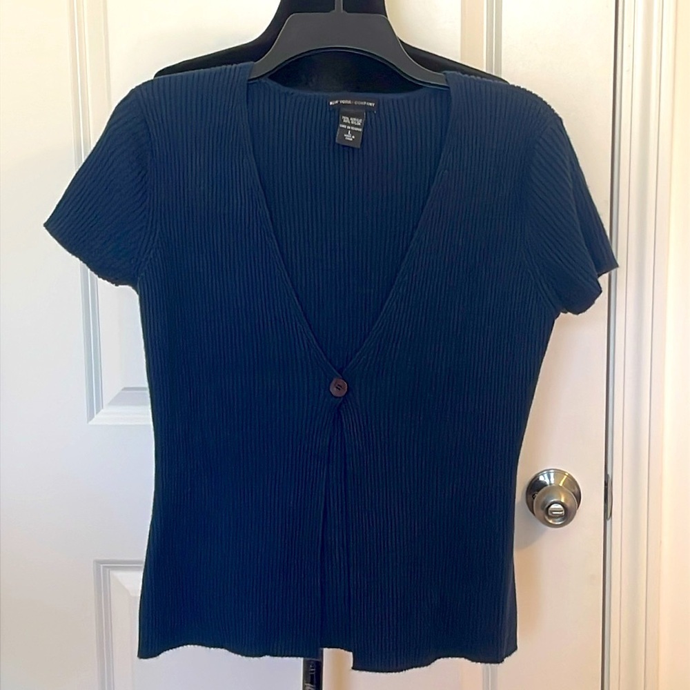 New York & Company Navy Short Sleeve One Button Cardigan Size L